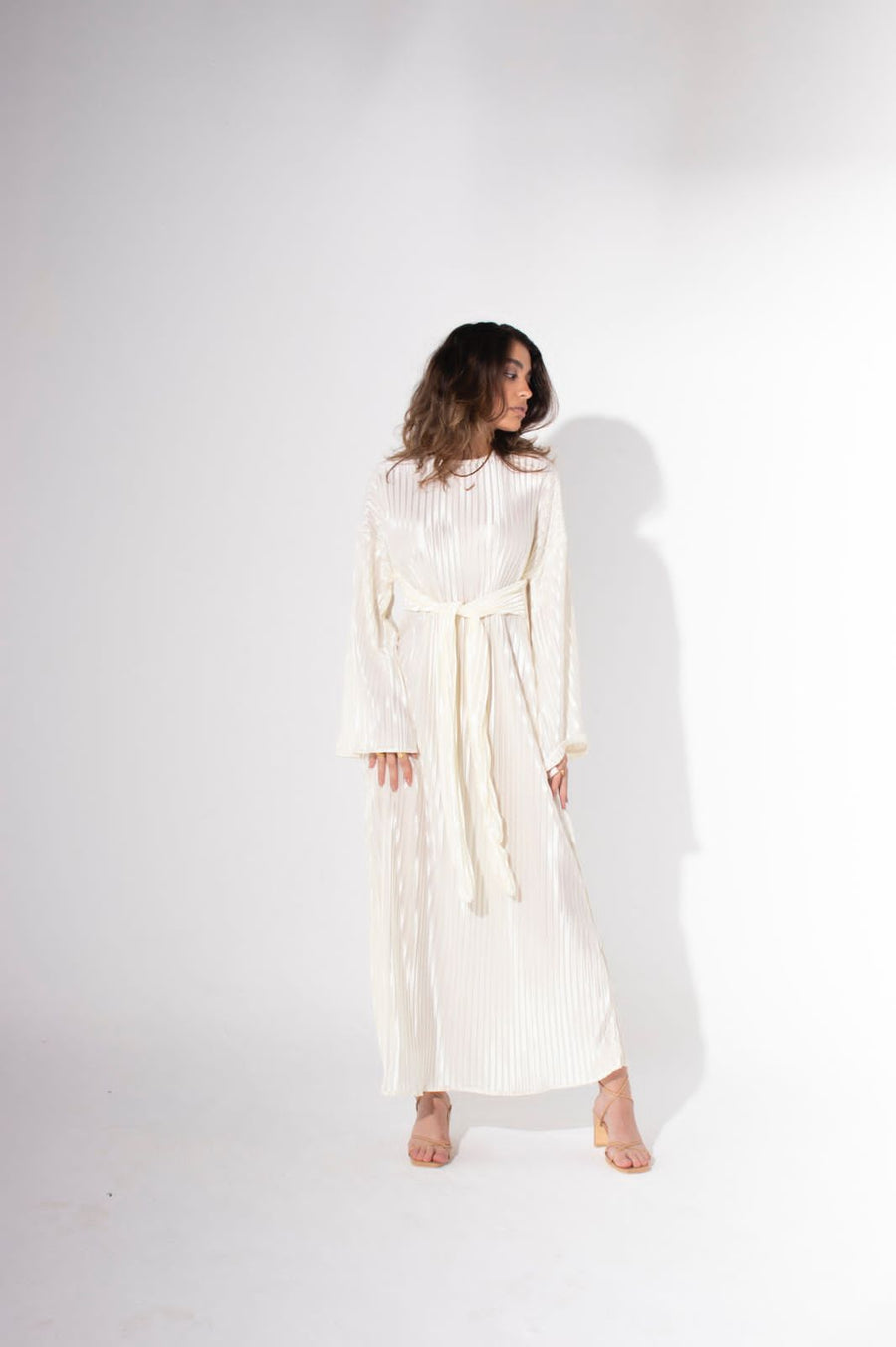 Sheen Pleated Dress in Crystal Off-White