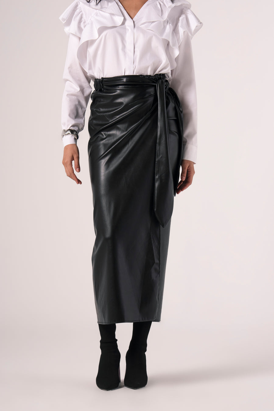 Leather Wrap Skirt in Black