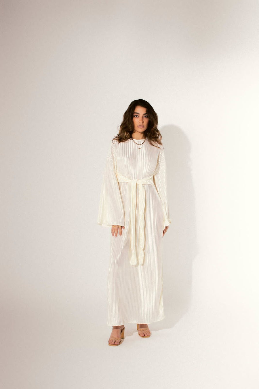 Sheen Pleated Dress in Crystal Off-White