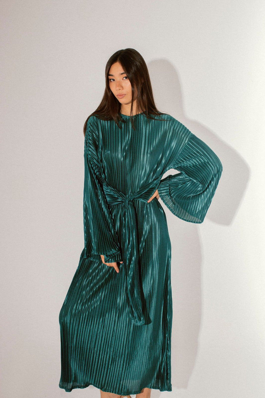 Sheen Pleated Dress in Teal