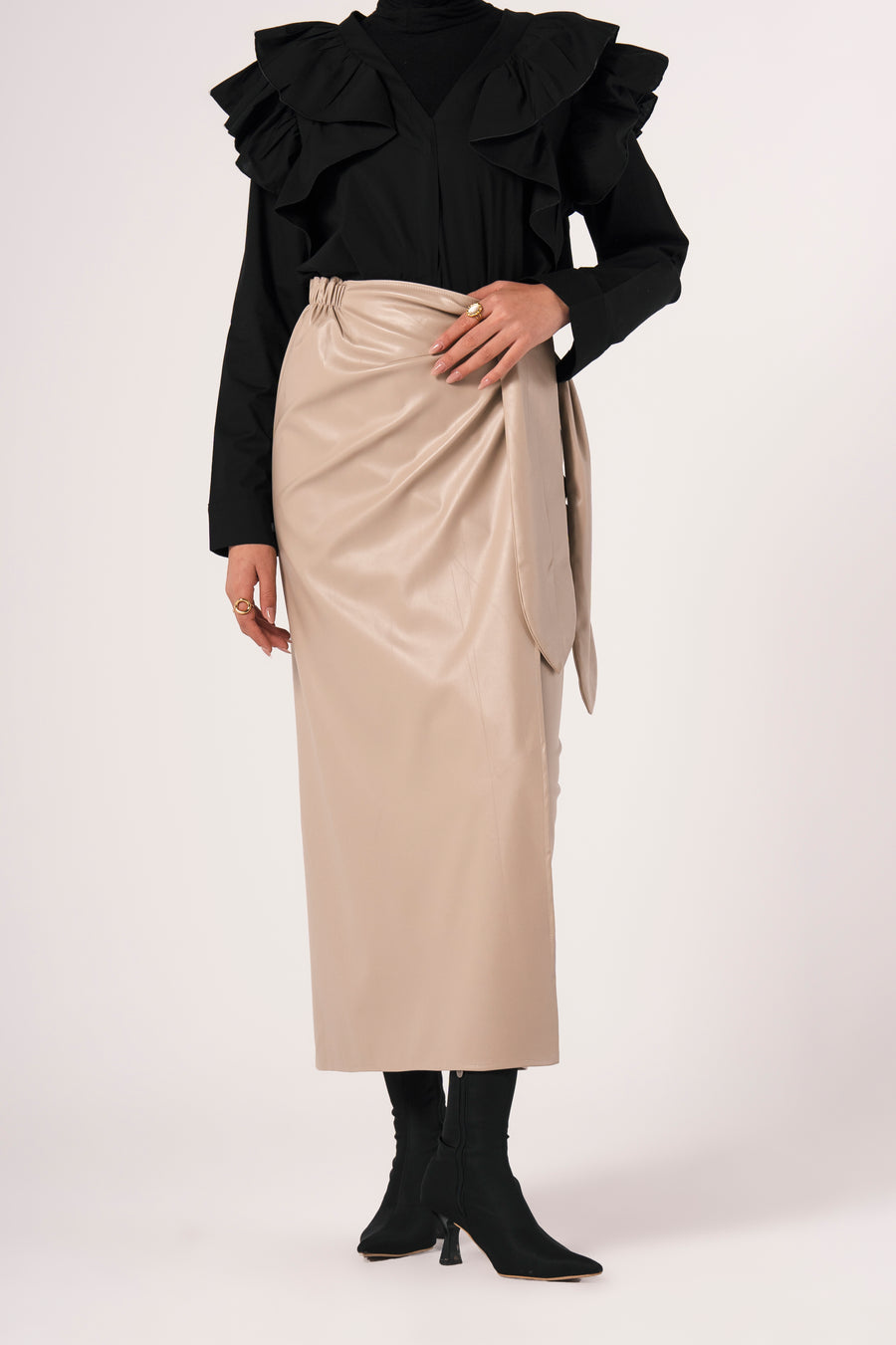 Leather Wrap Skirt in Creme