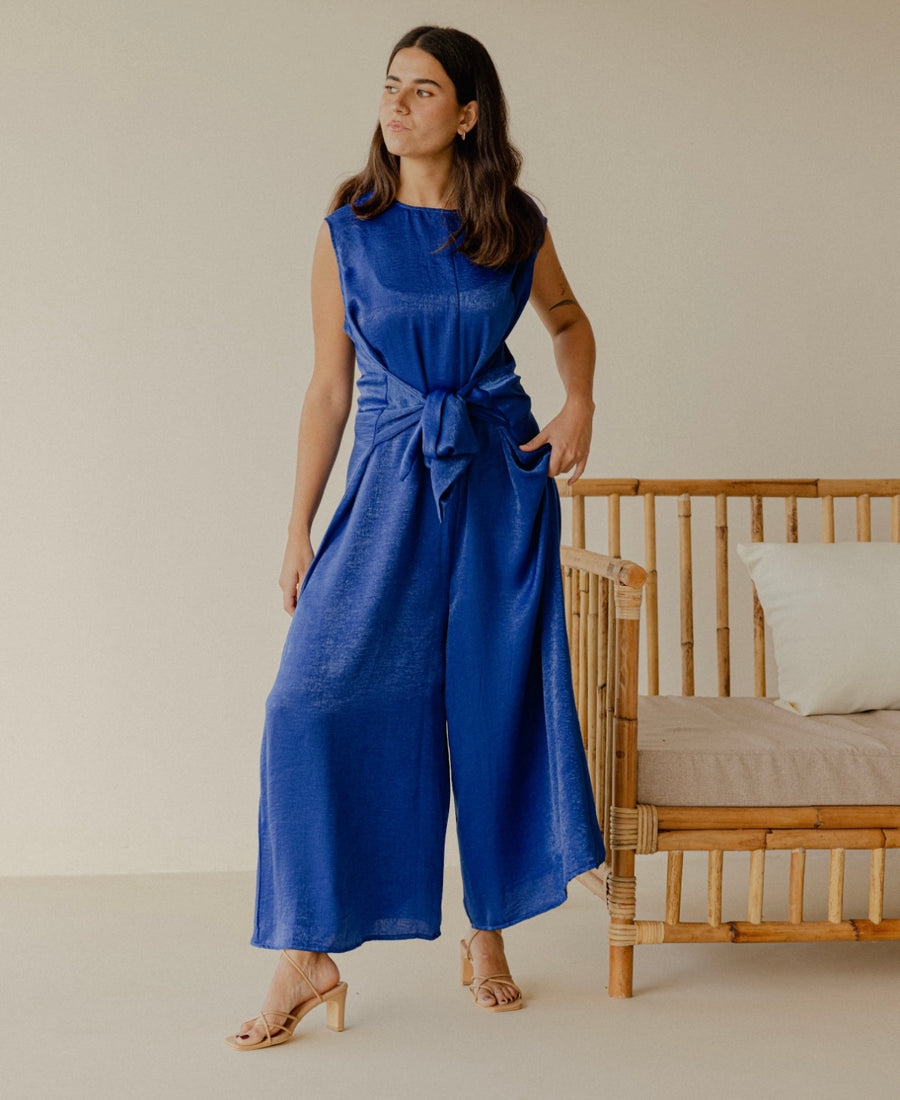 HOOReya Belted Jumpsuit in Blue