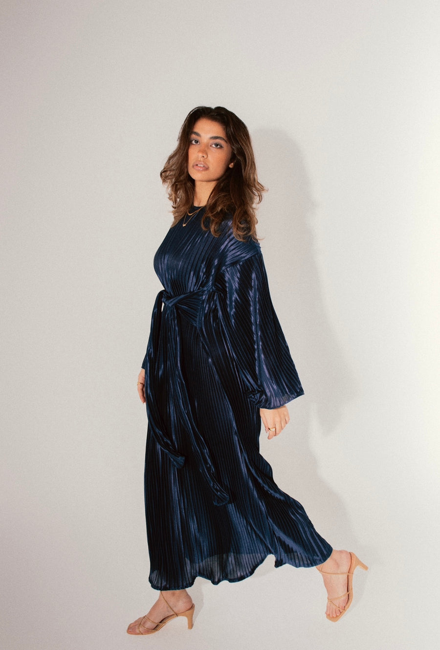 Sheen Pleated Dress in Midnight Blue