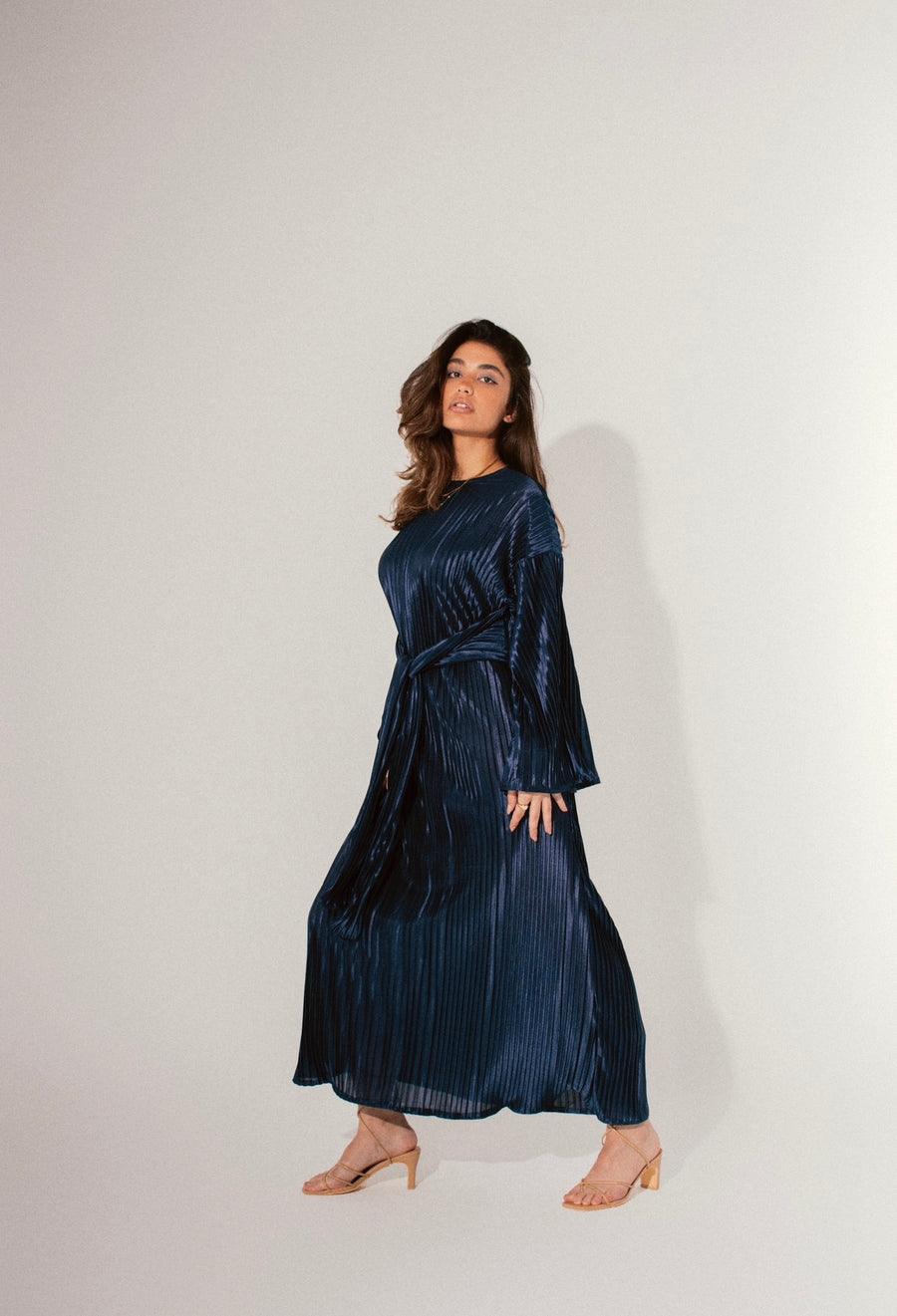 Sheen Pleated Dress in Midnight Blue