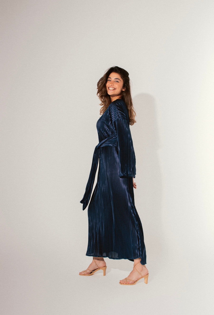 Sheen Pleated Dress in Midnight Blue