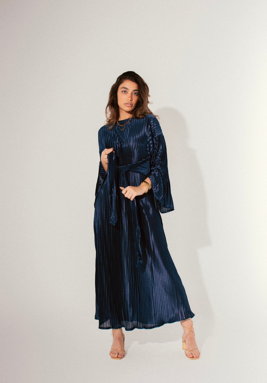 Sheen Pleated Dress in Midnight Blue