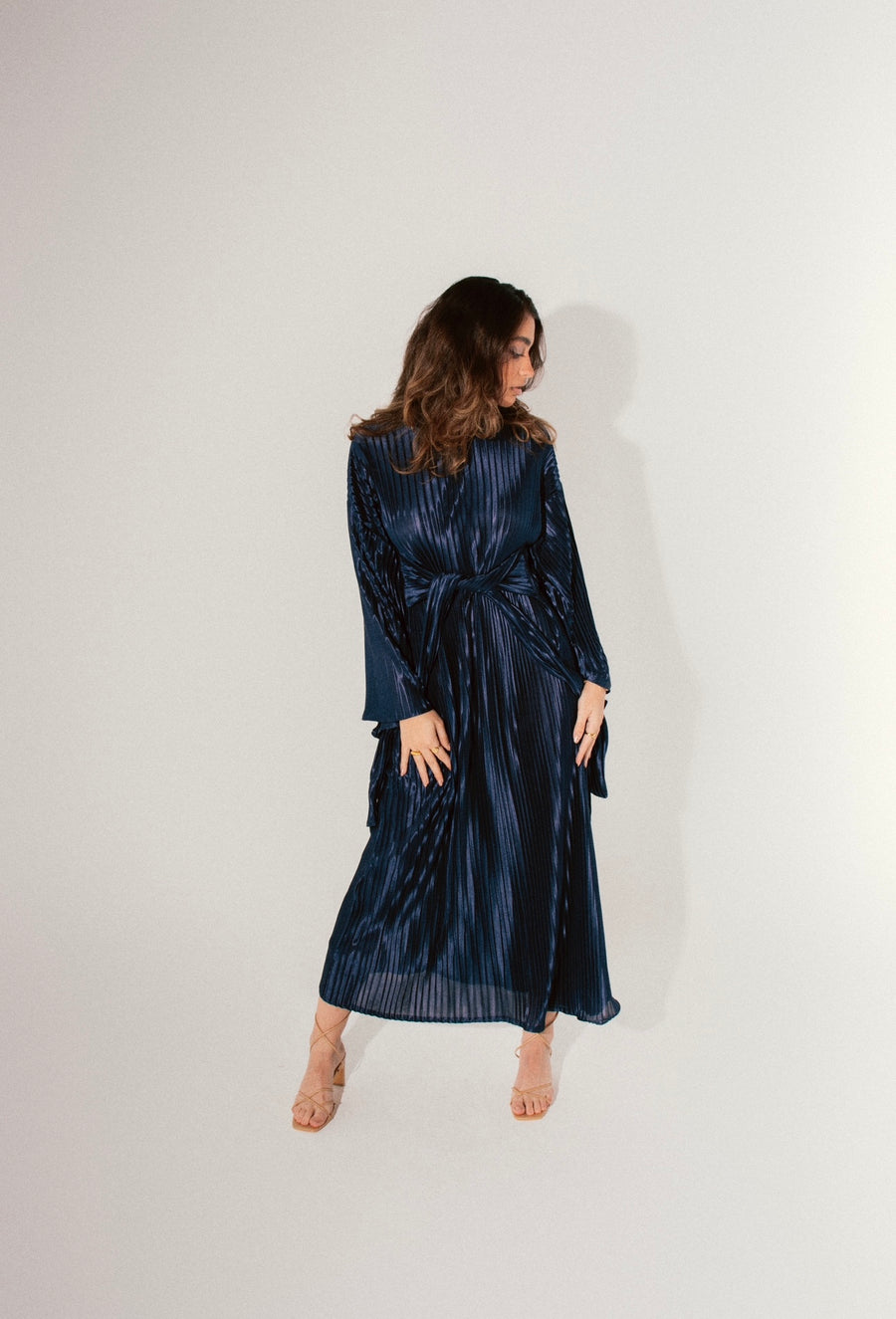 Sheen Pleated Dress in Midnight Blue