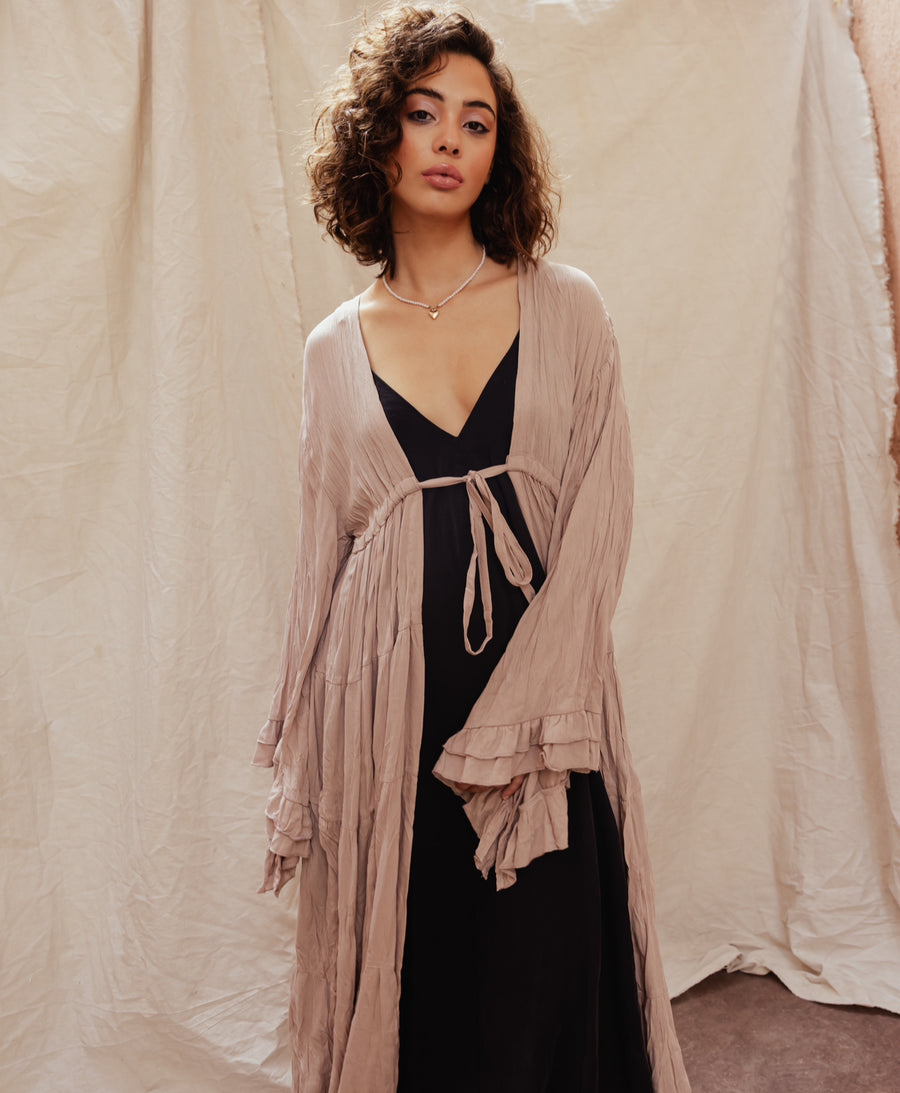 Vibes Ruffle Kimono in Cafe