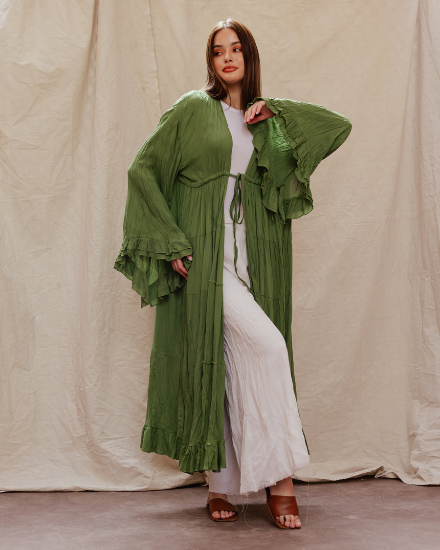 Vibes Ruffle Kimono in Green