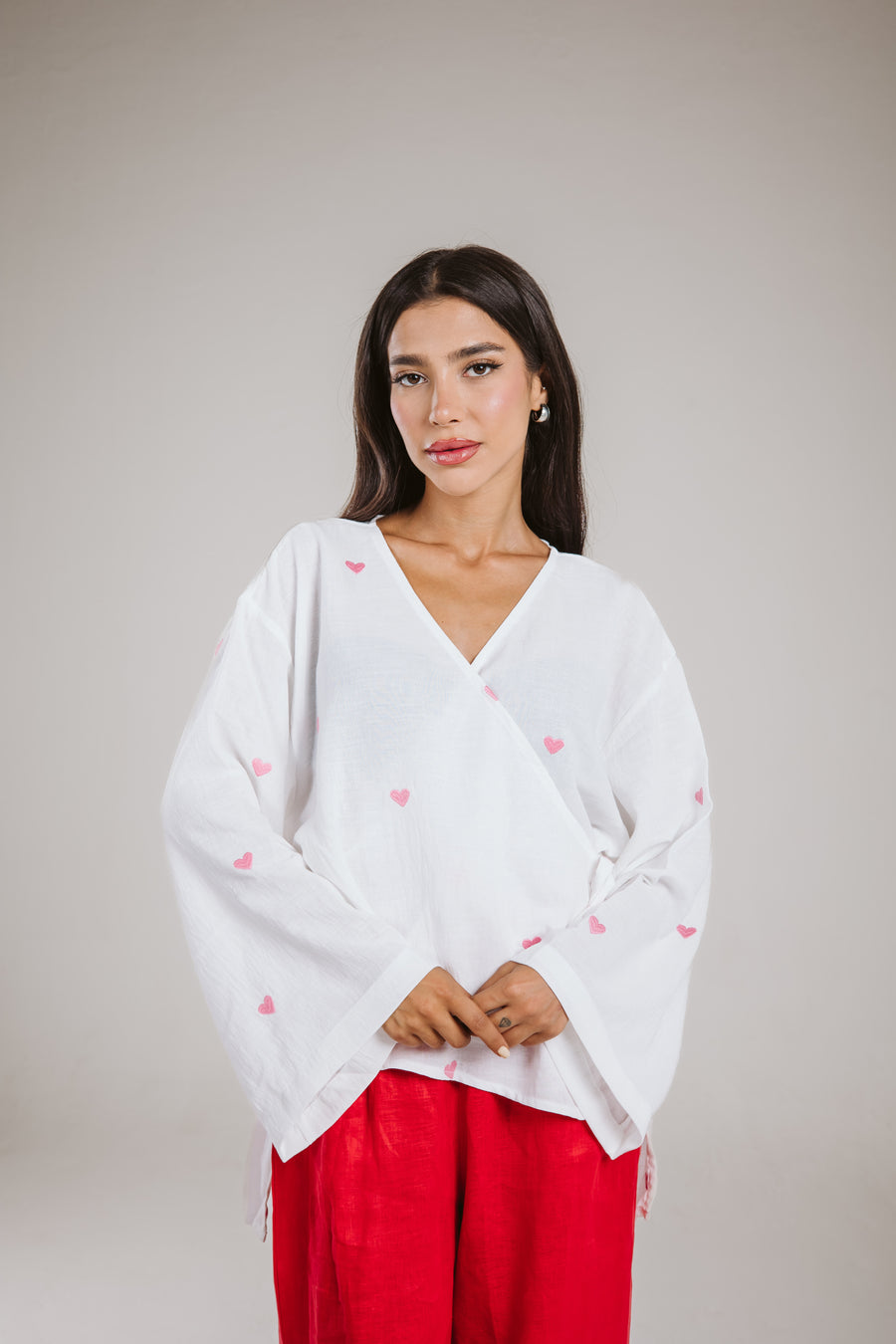 Wrap Me Top in White (Pink Hearts)