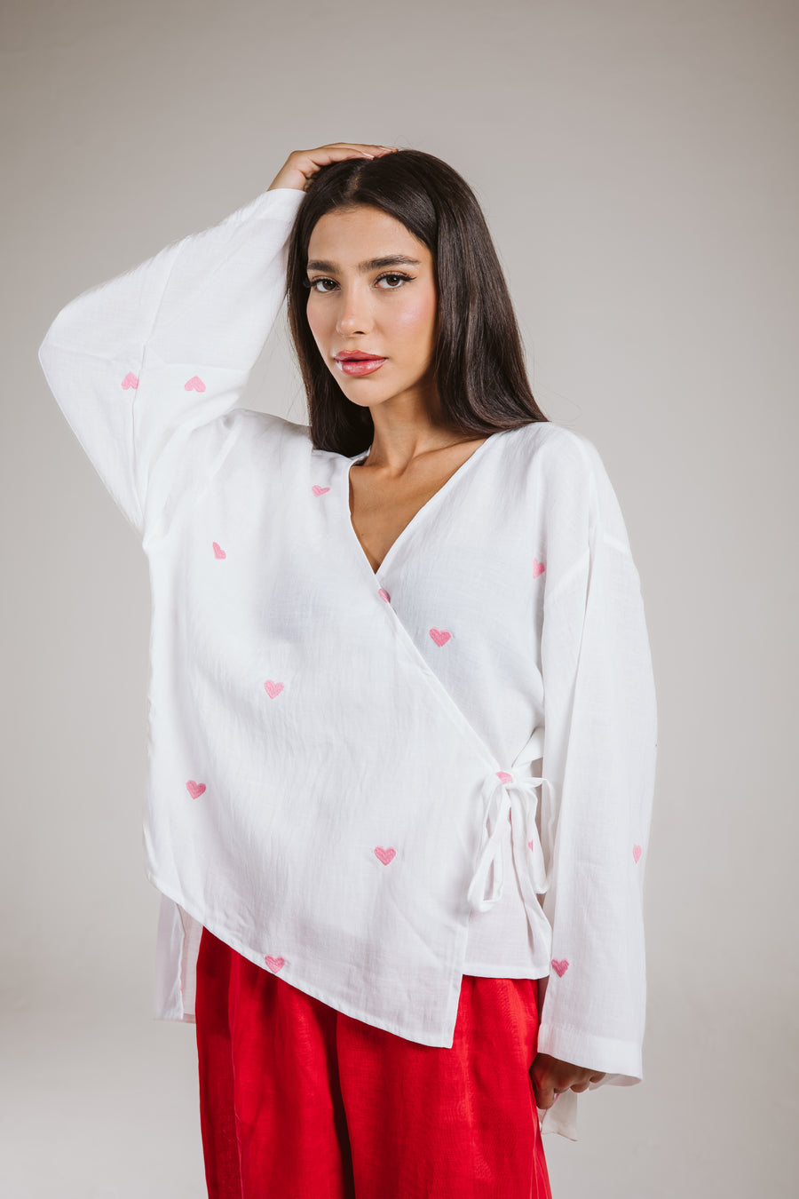 Wrap Me Top in White (Pink Hearts)