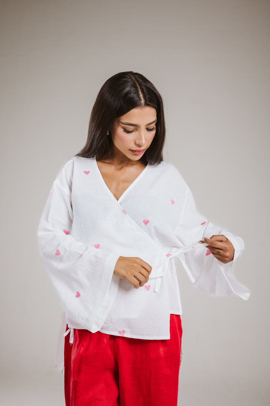 Wrap Me Top in White (Pink Hearts)