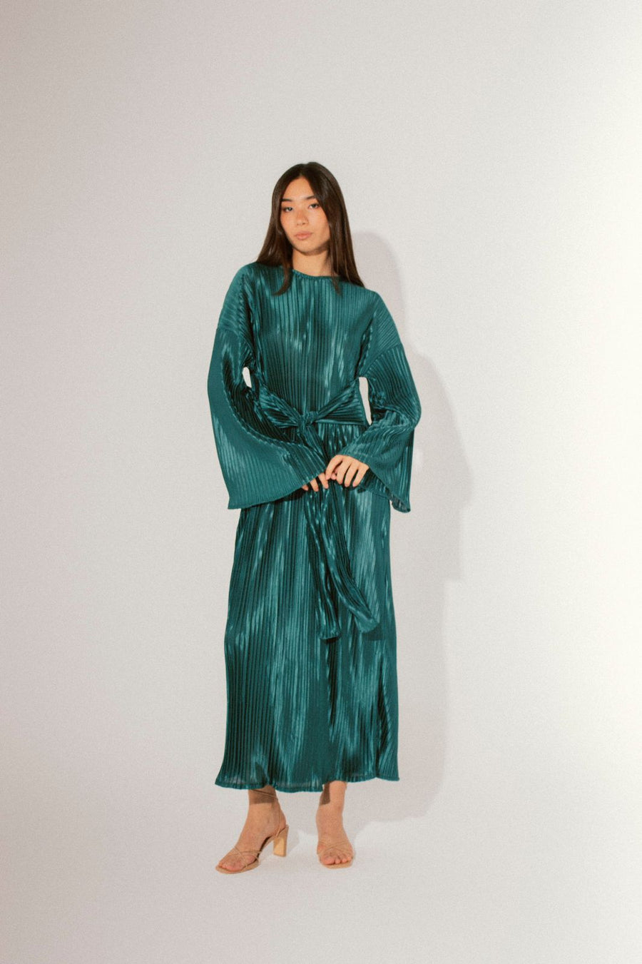 Sheen Pleated Dress in Teal