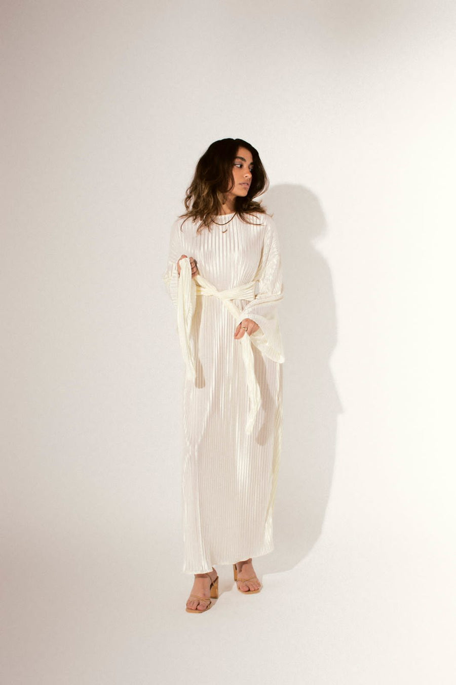 Sheen Pleated Dress in Crystal Off-White