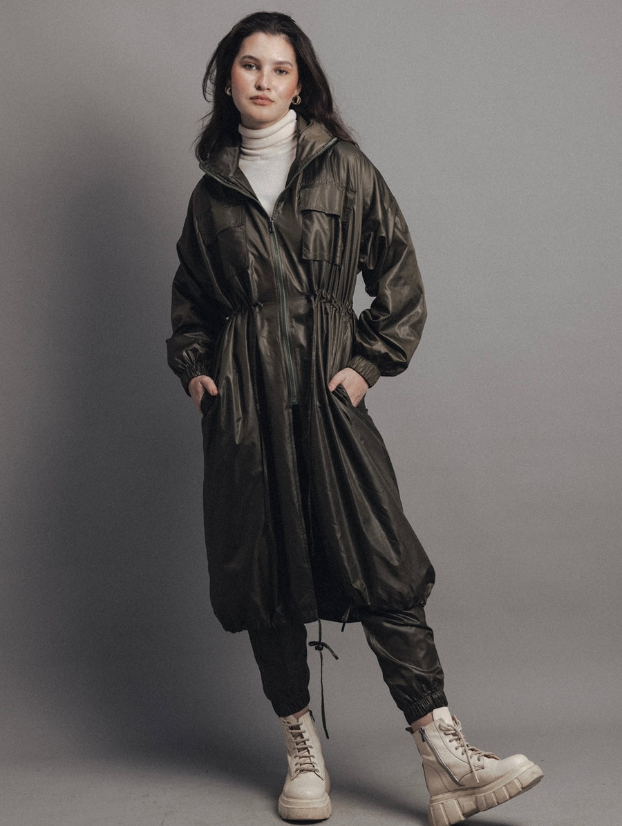 Hooded Trench Coat in Olive