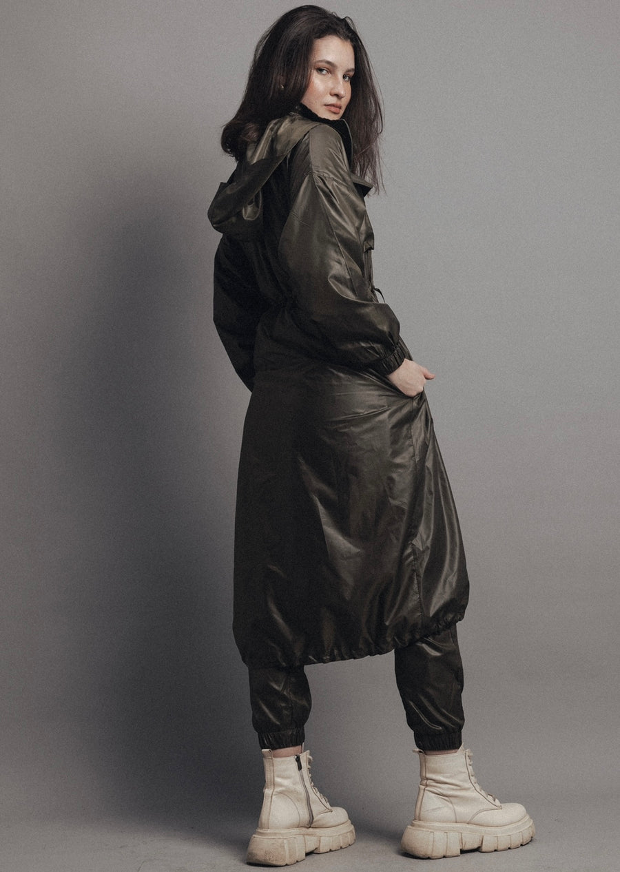 Hooded Trench Coat in Olive