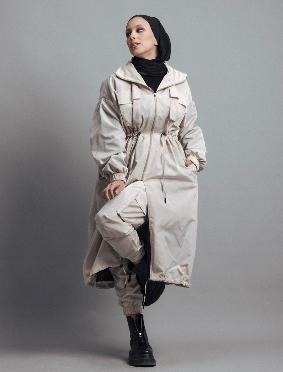 Hooded Trench Coat in Off-White