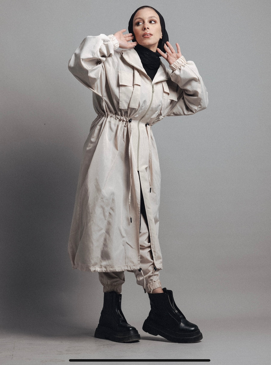 Hooded Trench Coat in Off-White