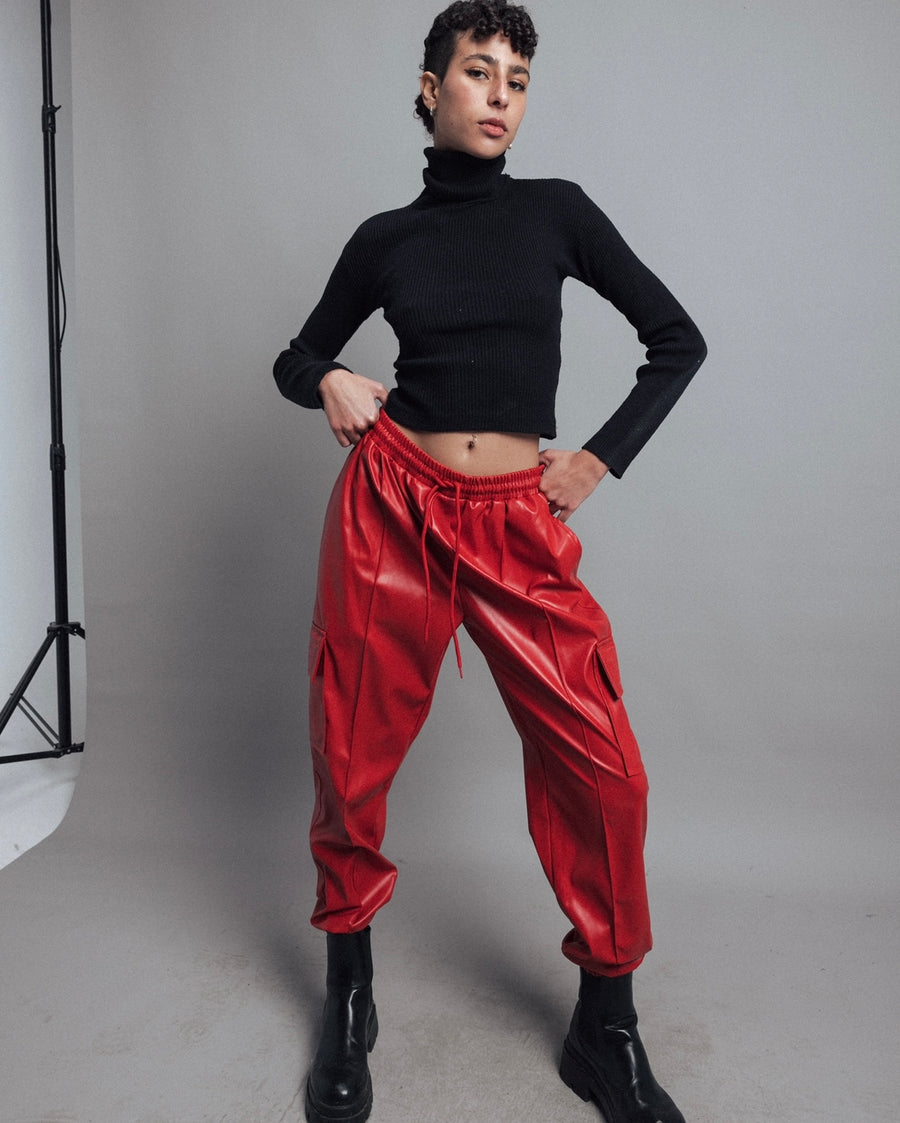 Cargo Leather Pants in Red