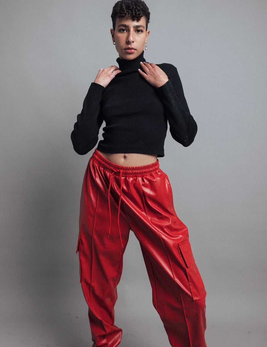 Cargo Leather Pants in Red