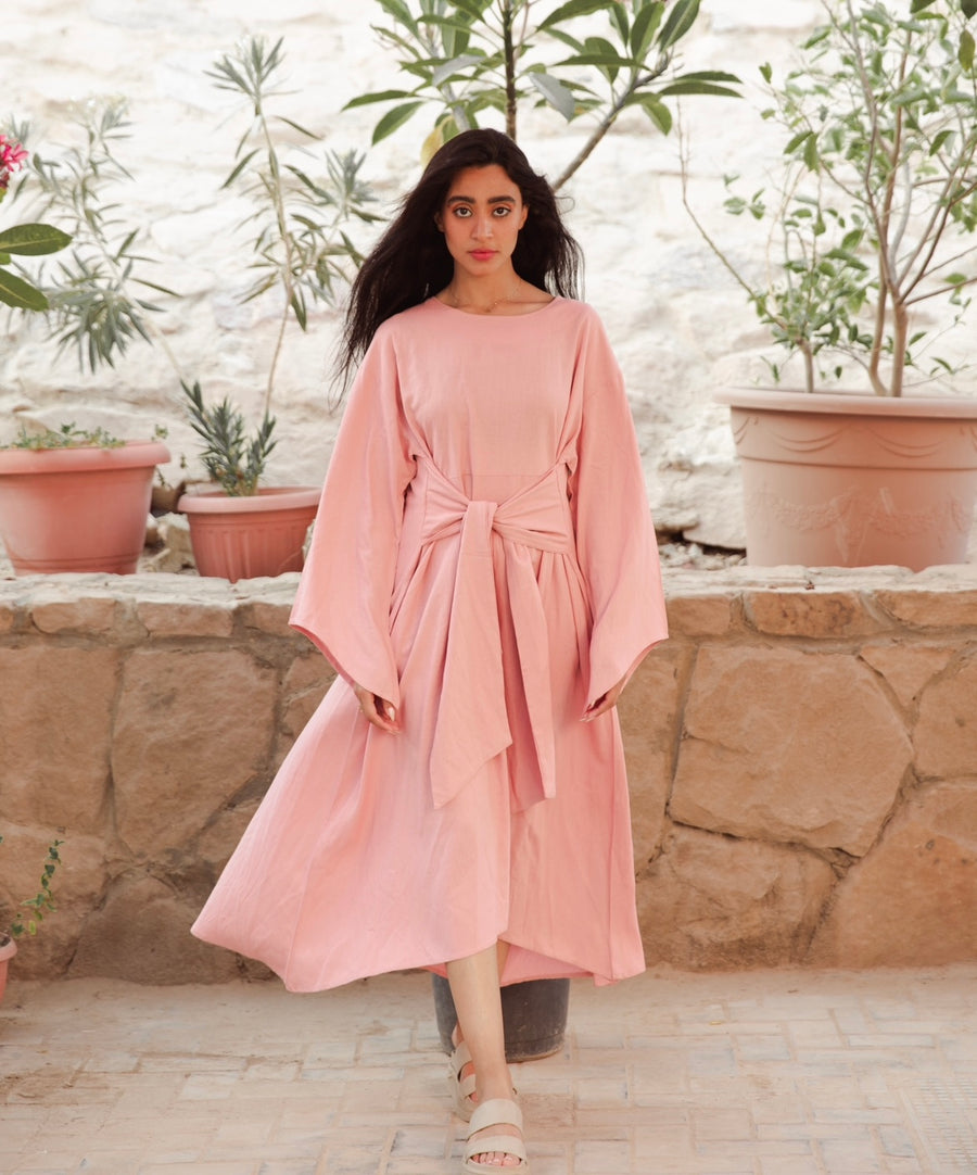 Linen Belted Dress in Pink