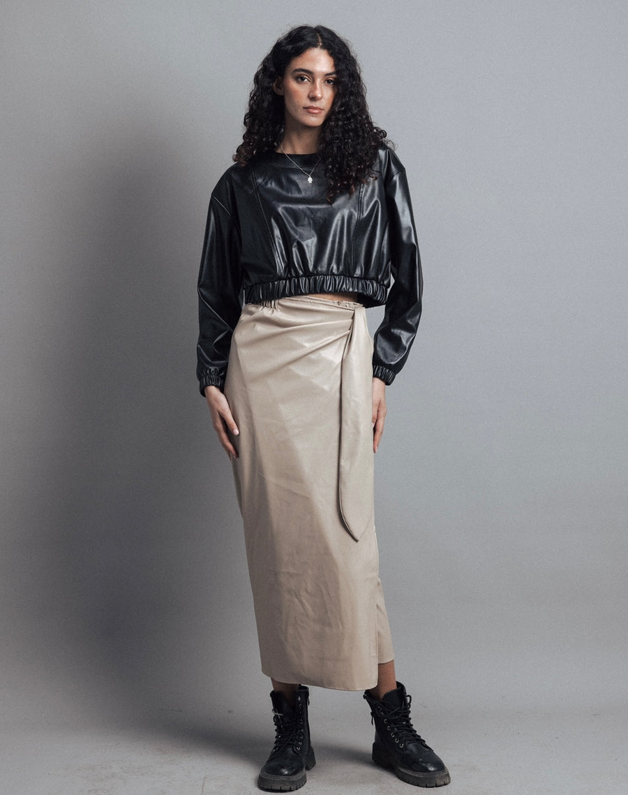 Leather Wrap Skirt in Creme